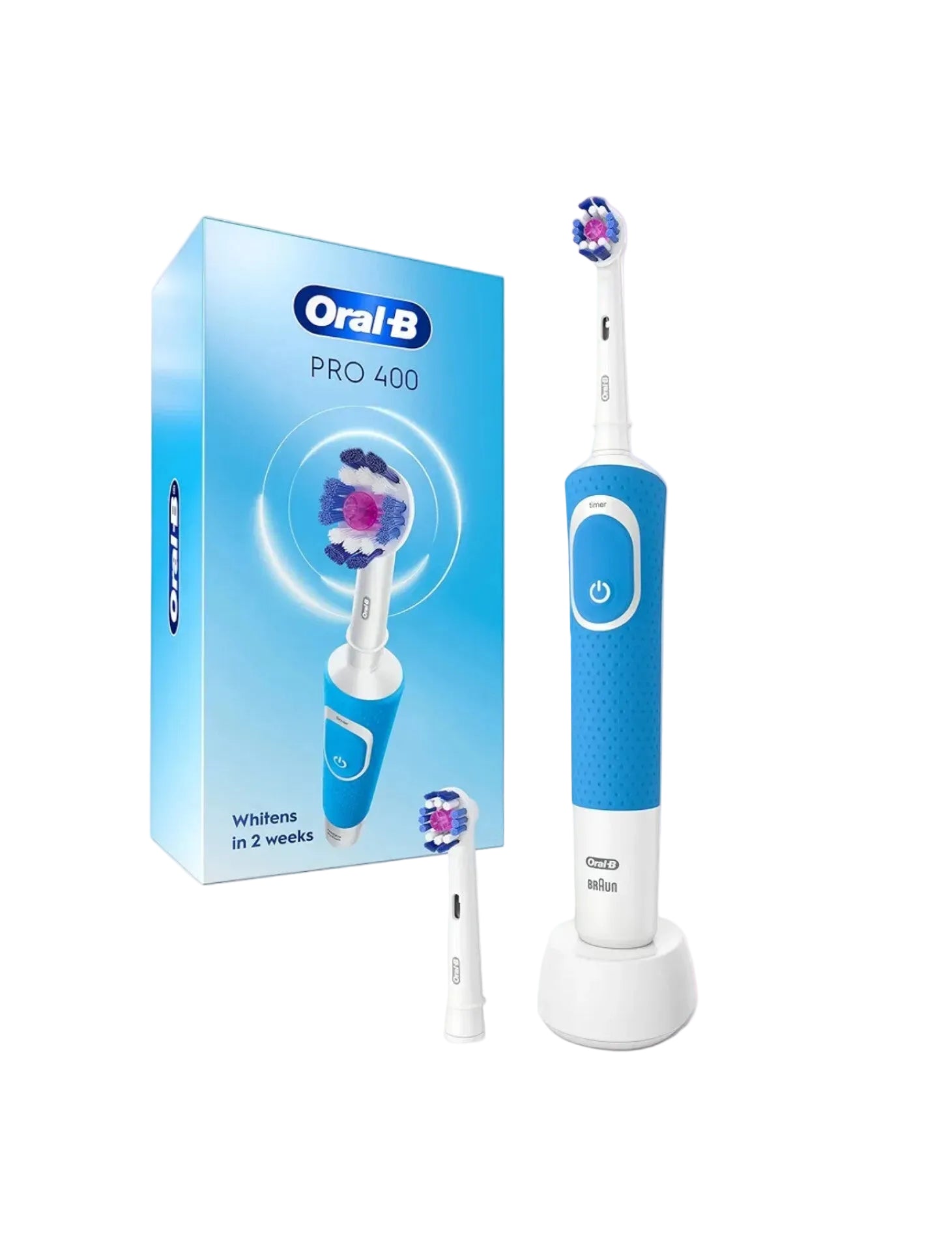 Oral-B Pro 400 3D White Vitality Electric Toothbrush (Rechargeable) – Blue (with 2 Brush Heads)